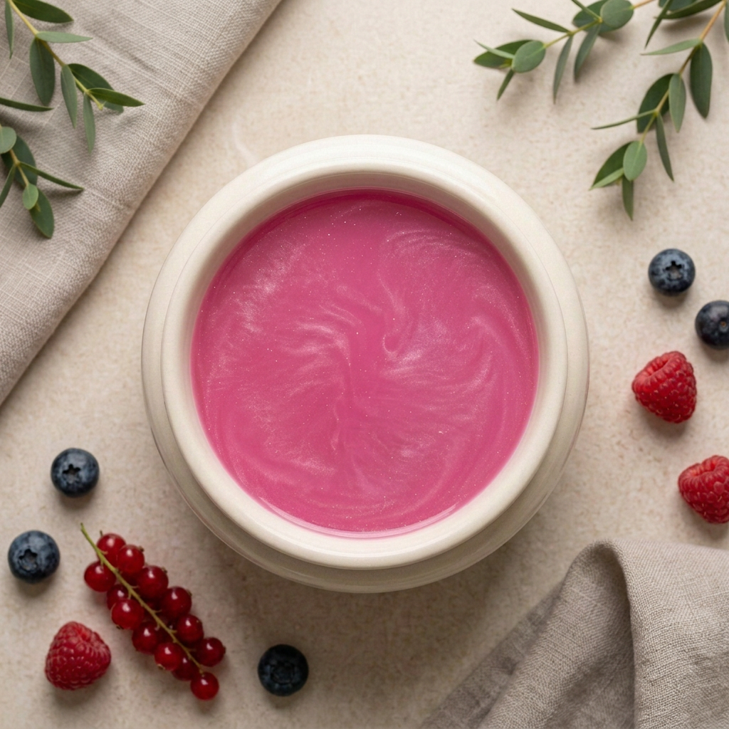 Berry Comforting berry-pink melted wax with subtle mica in a round ivory burner