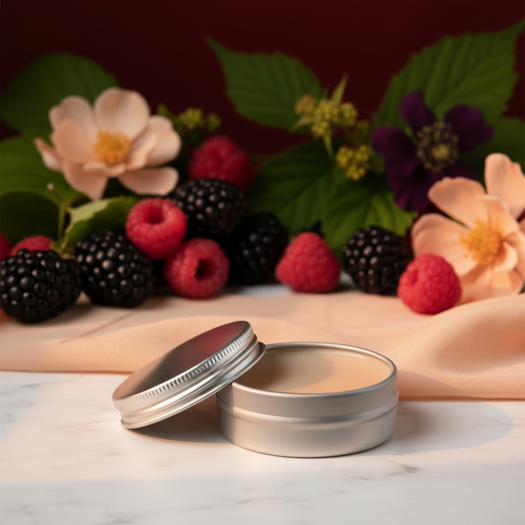 Berry Comforting Solid Perfume open tin with rich berry botanical background