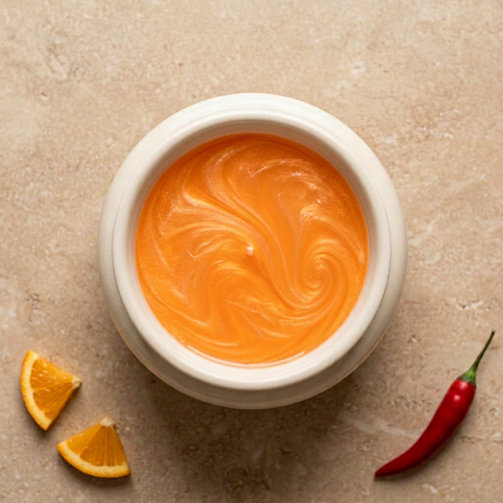 Round ivory burner with Sweet Orange & Chilli Pepper light-orange swirly mica wax pool