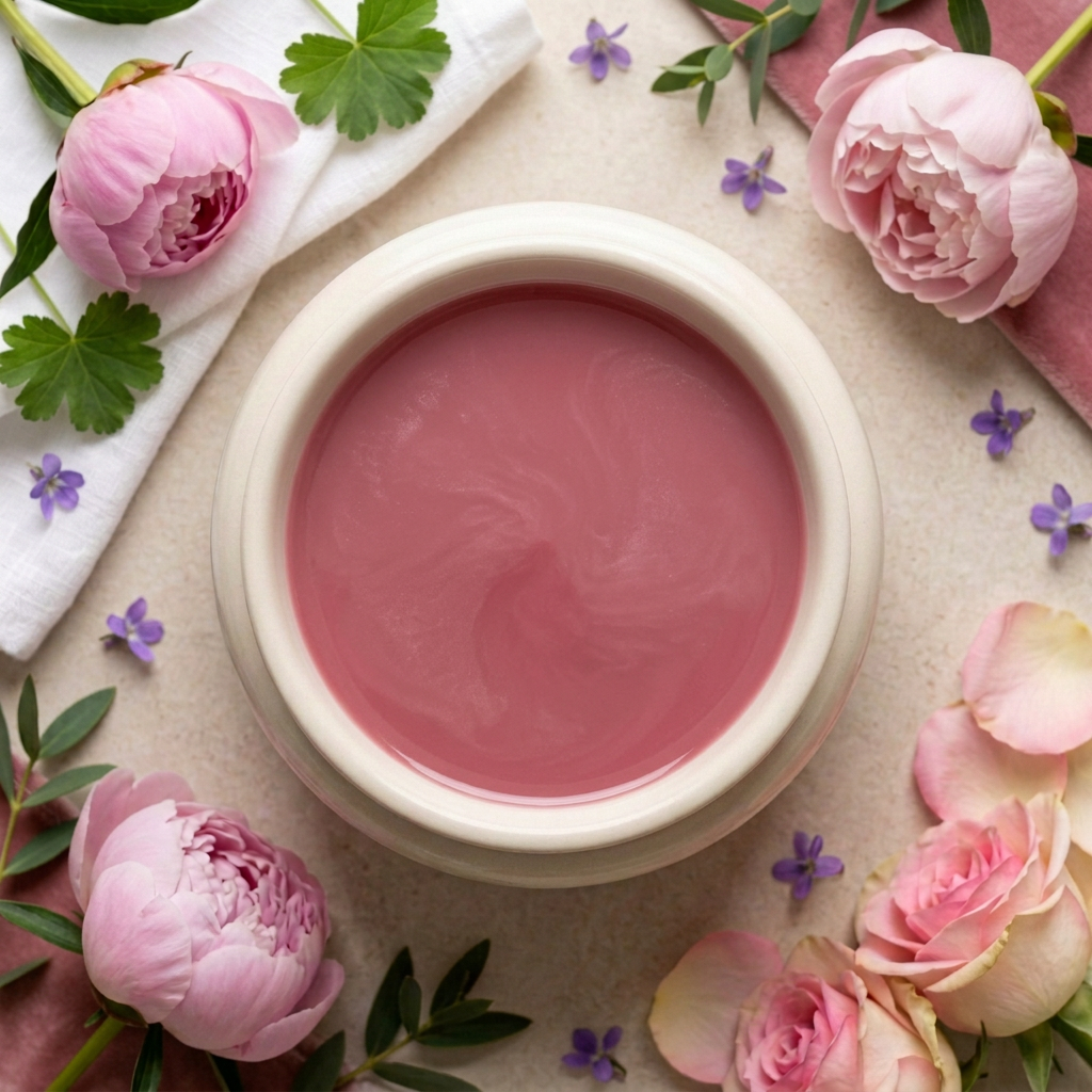 Rose Absolute rose pink melted wax in a round ivory burner with floral styling