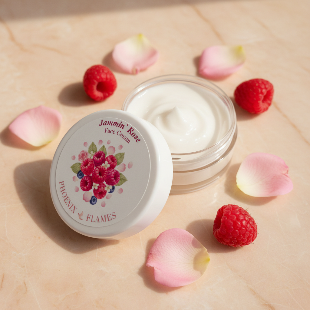Jammin' Rose Face Cream pot with clear base showing cream inside, styled on peach marble with raspberries and rose petals