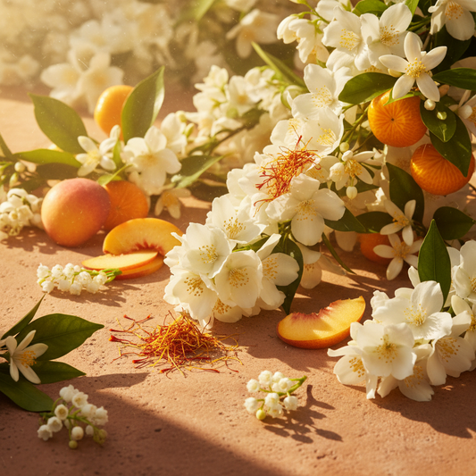 White jasmine, golden saffron threads and orange blossom on warm terracotta in Mediterranean sunlight evoking the Saffron & Jasmine fragrance