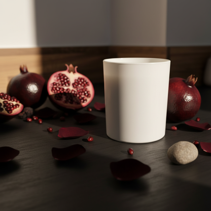 Black Pomegranate candle styled amongst split pomegranates, ruby red seeds and deep crimson petals in rich moody tones