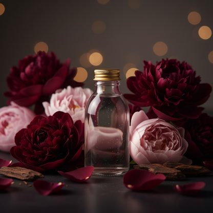 Velvet Peony & Oud reed diffuser refill bottle styled amongst dark peonies, velvety petals and oud wood in rich moody tones