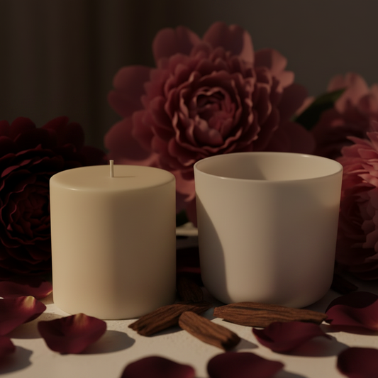 Velvet Peony & Oud candle refill wax cylinder beside empty candle jar, styled with dark peonies and velvety petals