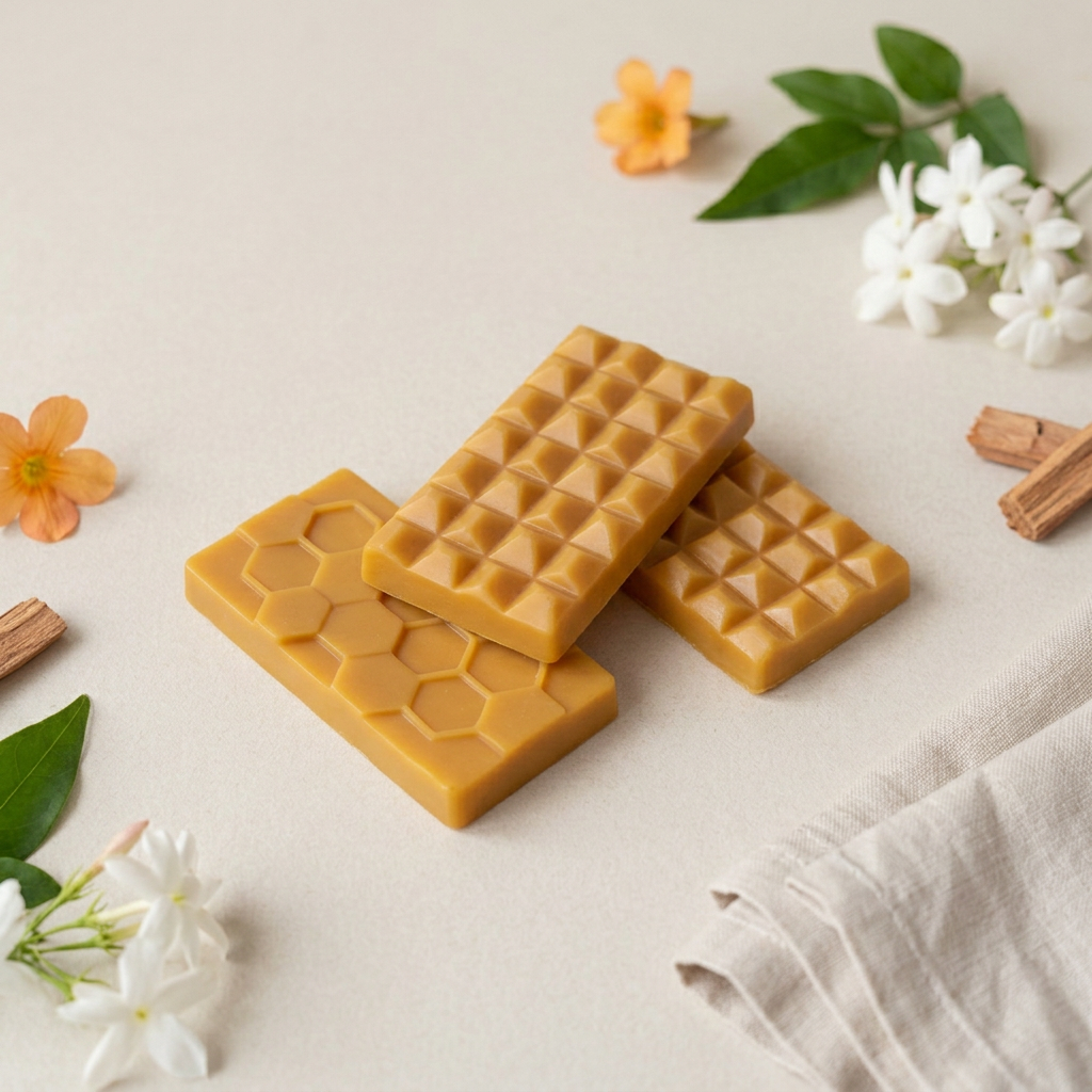 Saffron and Jasmine rich gold wax bars with white floral and cedarwood styling