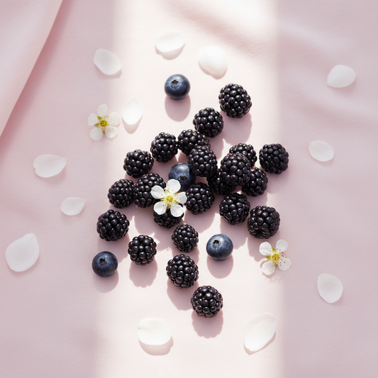 Ripe dark dewberries and blackberries on a blush pink surface with soft white florals evoking the Dewberry fragrance