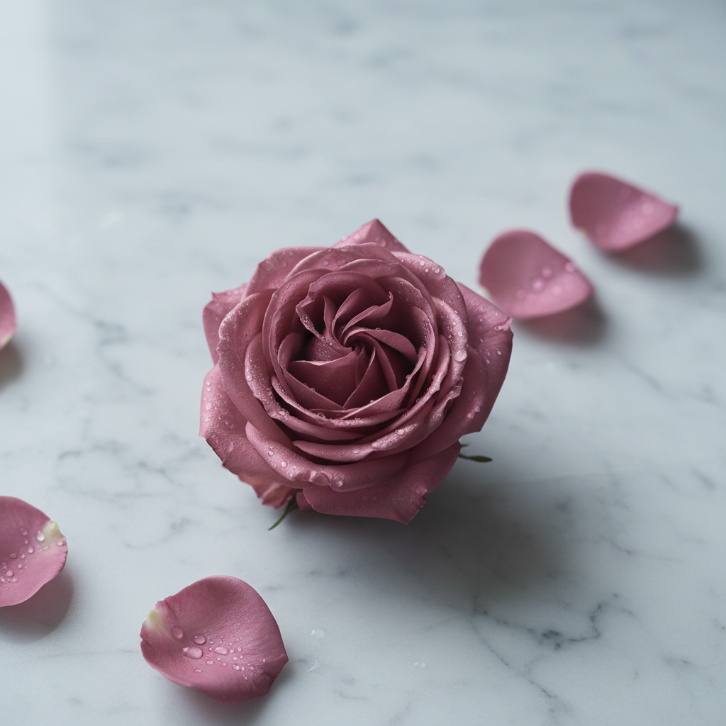 Single dewy blush rose in close-up on cool white marble in soft Parisian light evoking the Rose Absolute fragrance