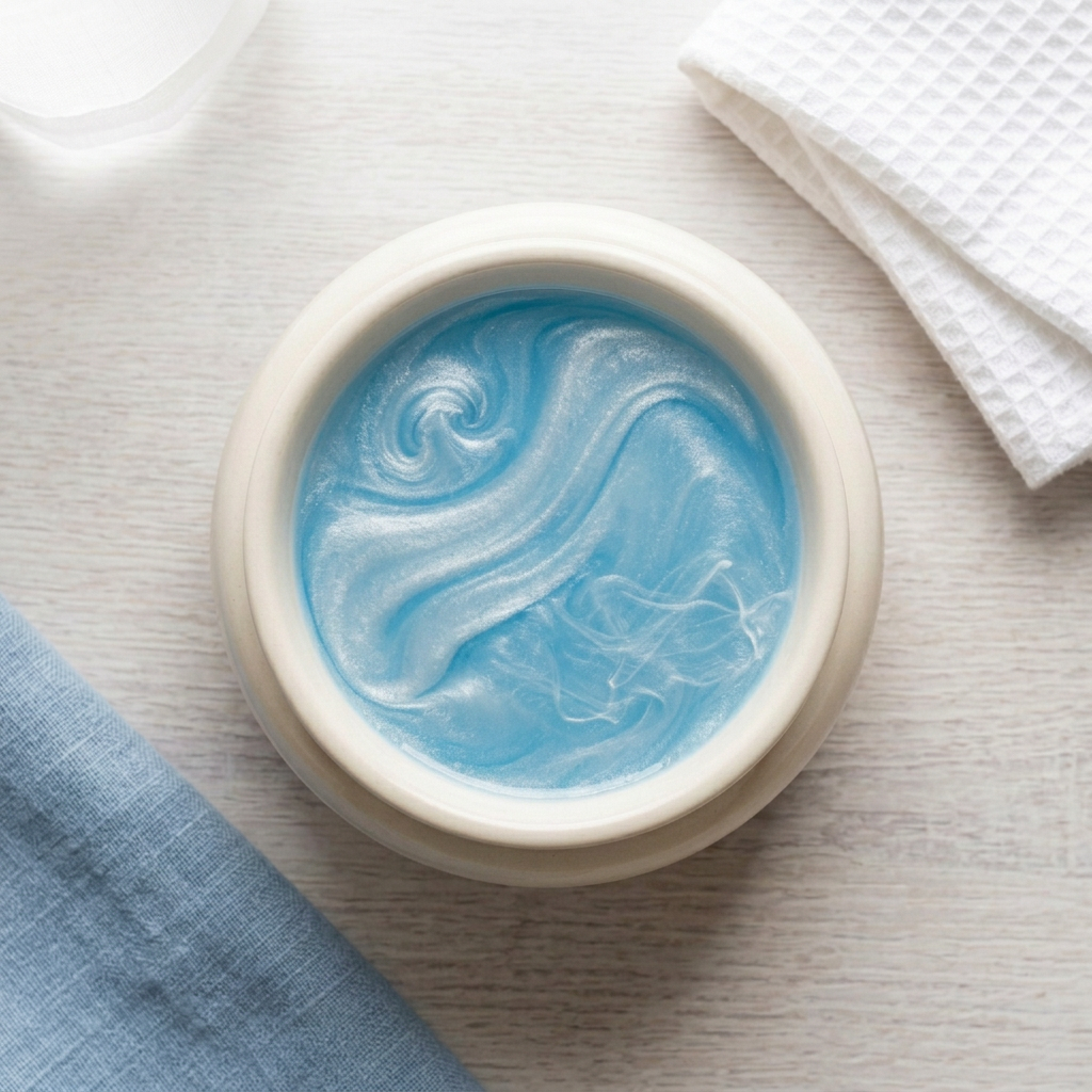 Round ivory burner with Luscious Laundry sky-blue wax and flowing pearlescent mica ribbons