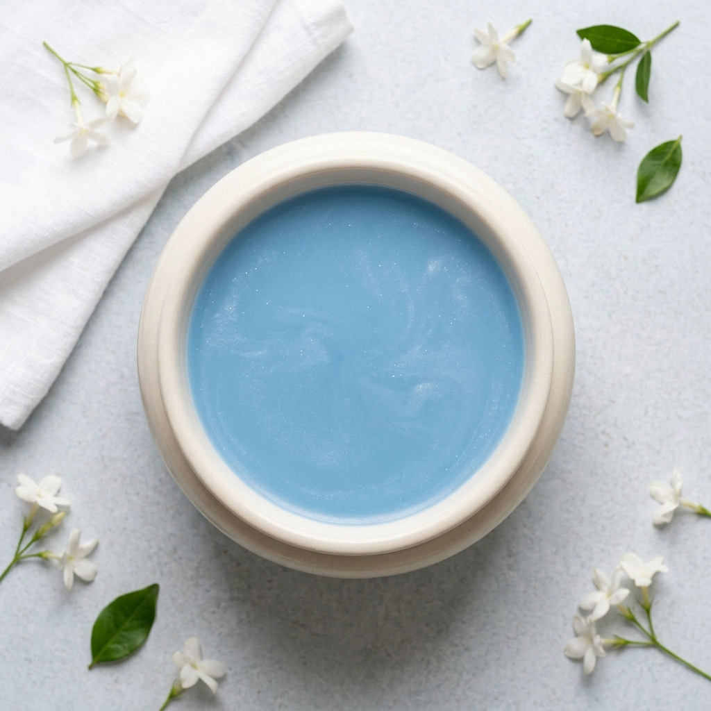 Spring Awakening laundry-blue melted wax with subtle mica in a round ivory burner