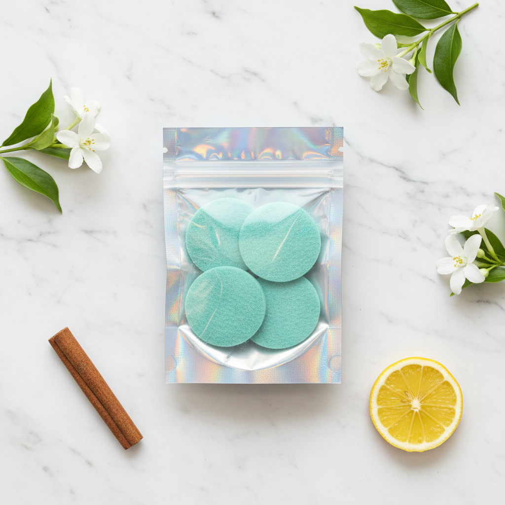 Pack of 4 hoover disks in holographic zip-lock bag styled on white marble with botanicals