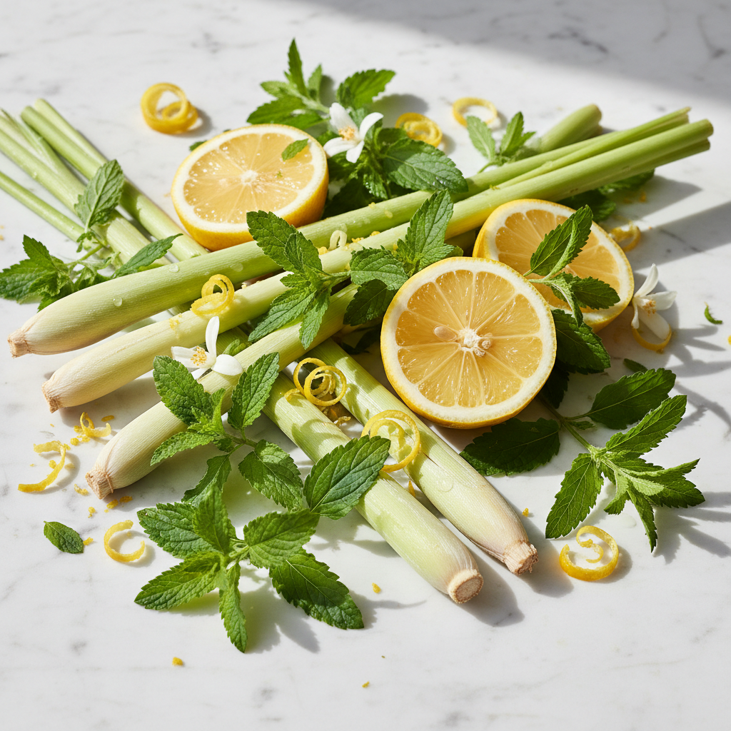Av-a-Bath Body Wash scent notes - lemongrass, lemon slices, verbena and citrus on marble