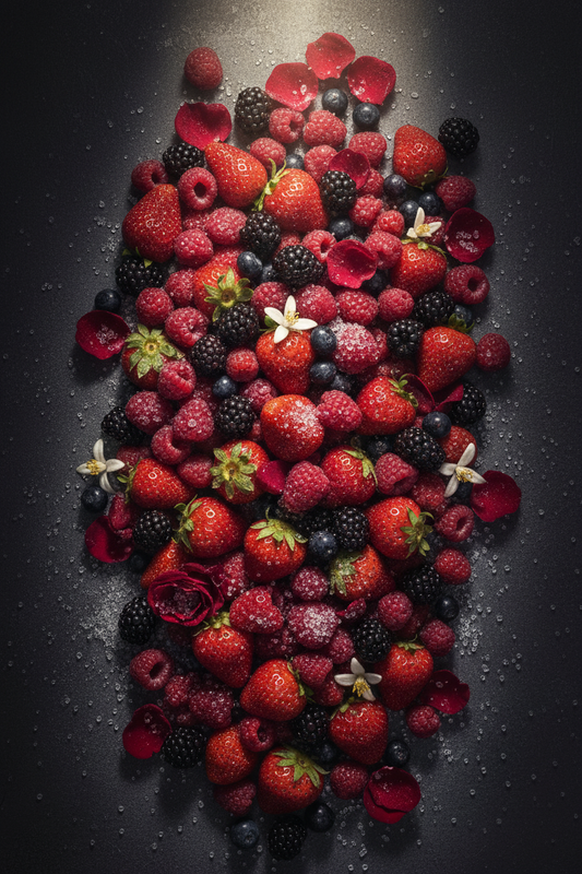 Berry Splash - abundant dark moody editorial hero image with overflowing mixed berries