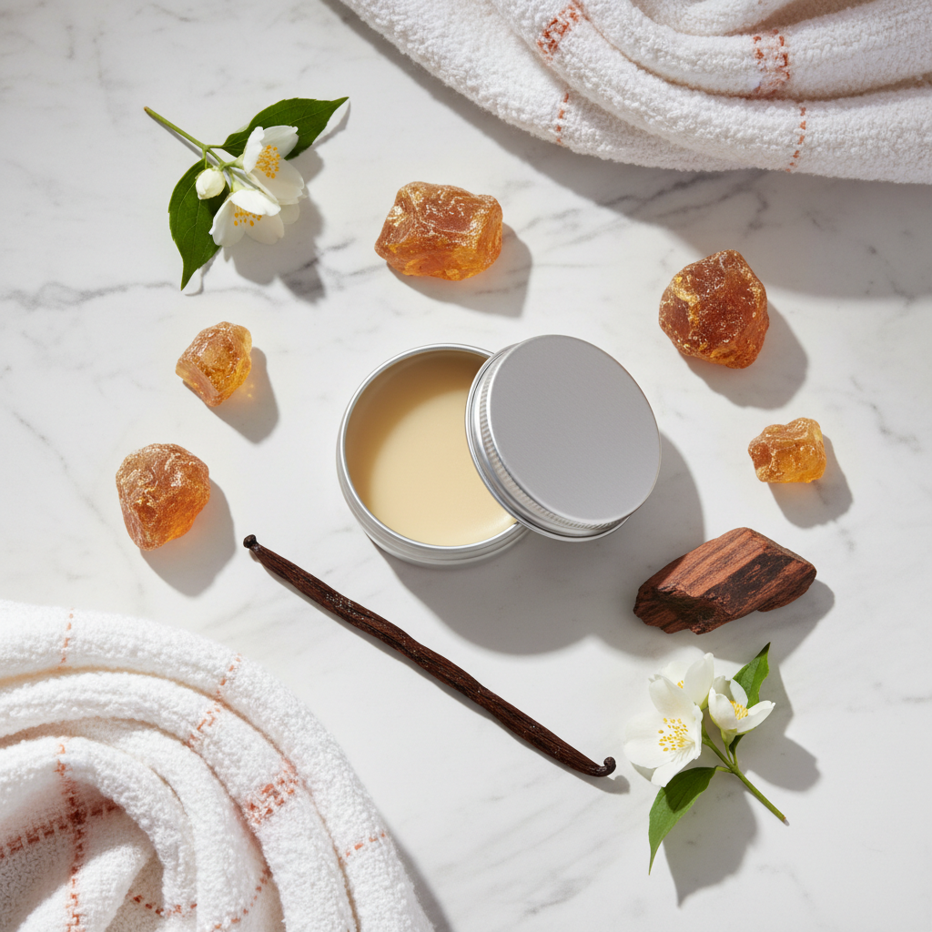 Martian Solid Perfume scent notes flat lay - amber resin, white jasmine, vanilla and dark wood on marble