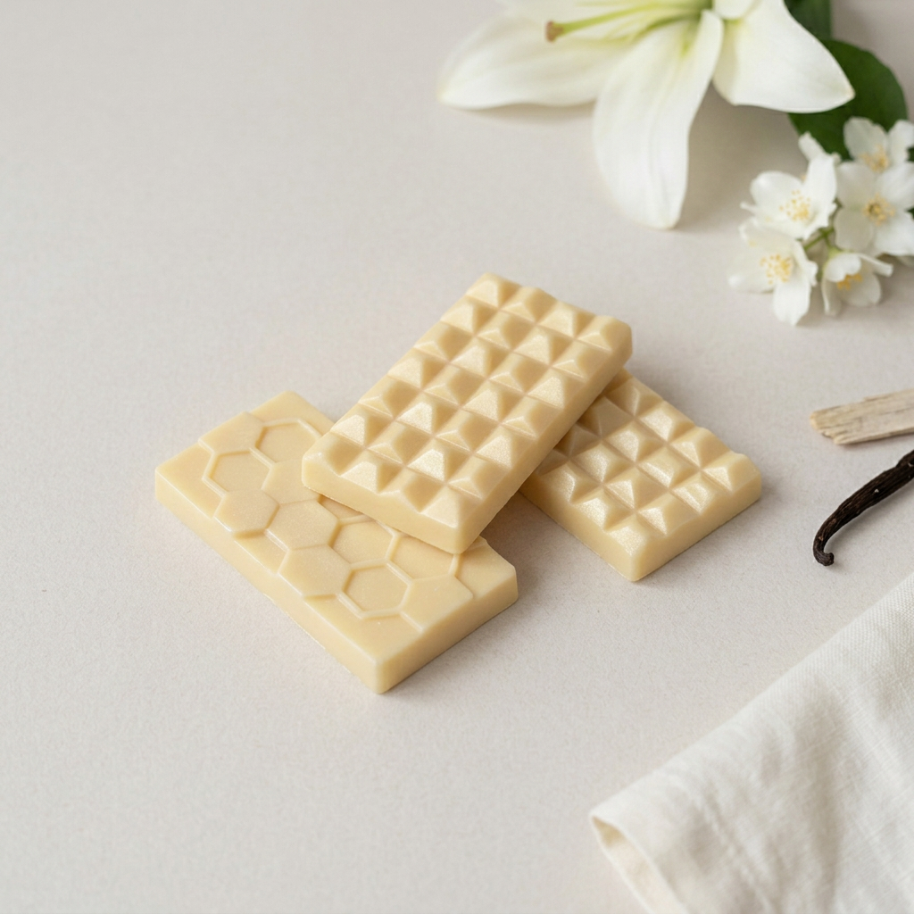 Lily and Cotton Flower pearly pale yellow wax bars with lily, jasmine and vanilla styling