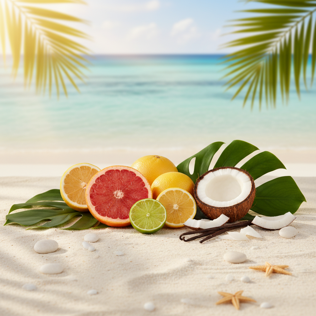 Paradise Beach wax melt scent - citrus, coconut, vanilla and tropical leaves