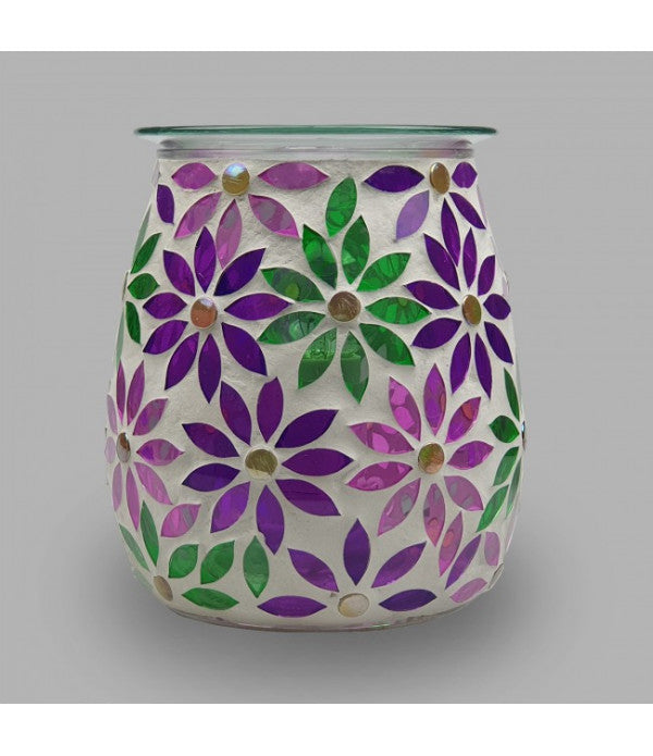 Decorative glass container with purple and green floral pattern on a gray background
