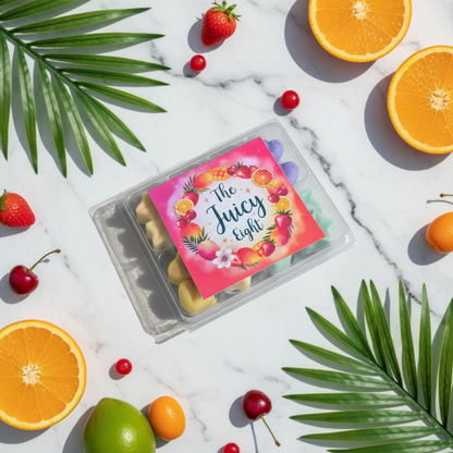 The Juicy Eight wax melt collection box on a marble surface with tropical and fruity hints
